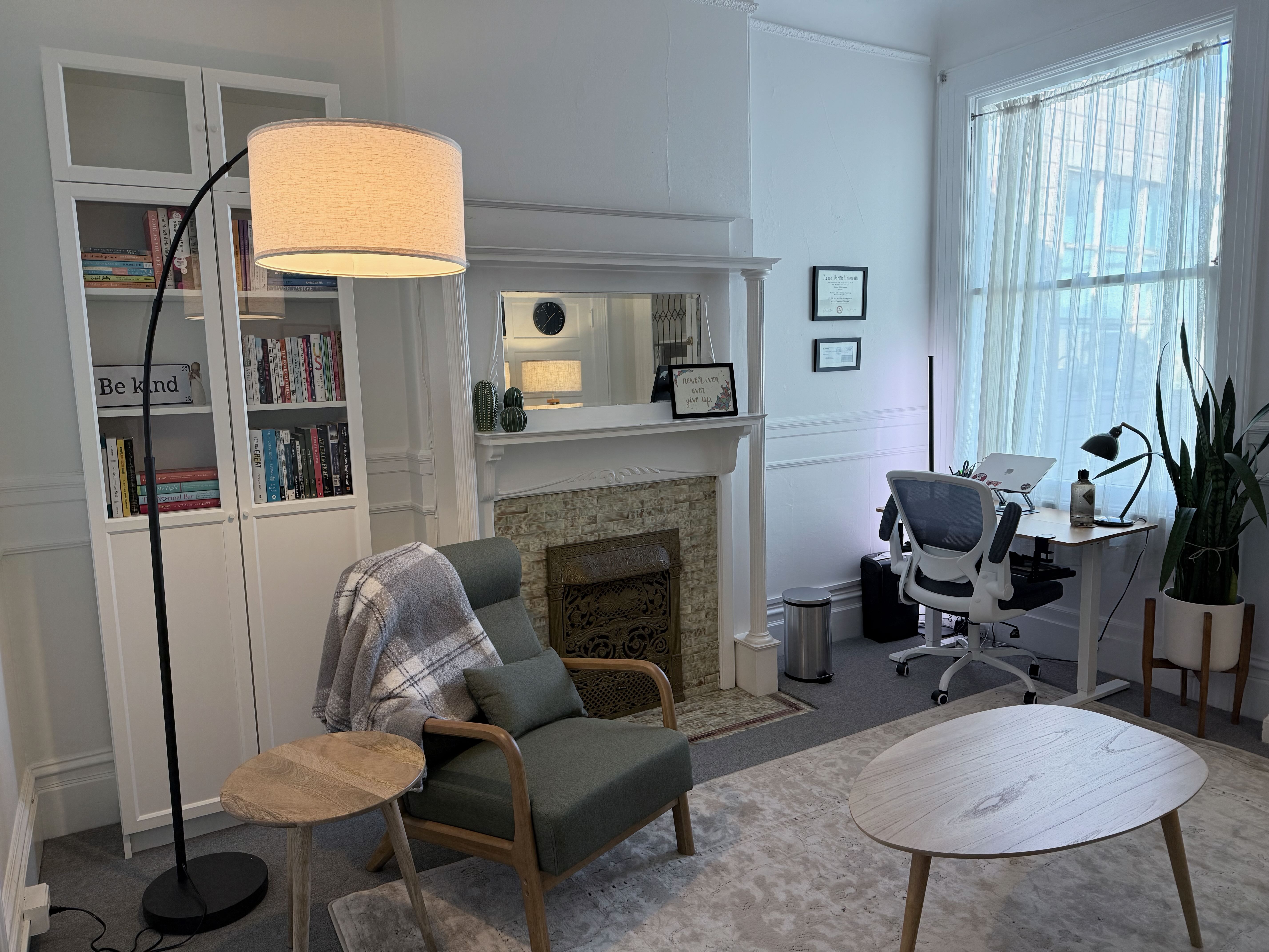 Therapy room with fireplace and bookshelves